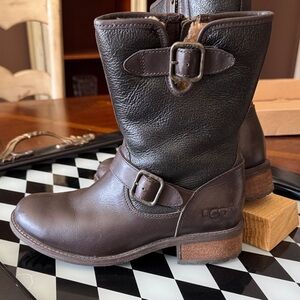 UGG Chocolate Brown Leather Buckle Short Moto Boots